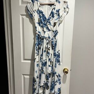Floral Blue and White High Low Dress with zipper backing